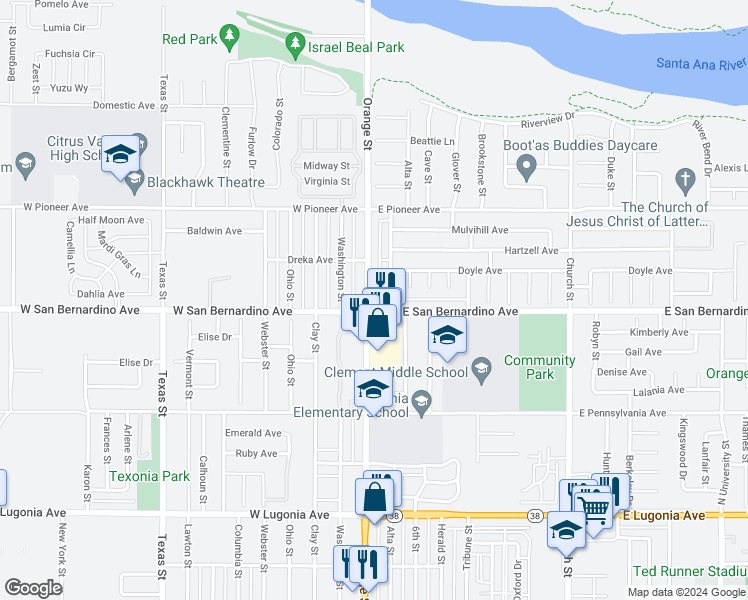map of restaurants, bars, coffee shops, grocery stores, and more near 1606 Orange Street in Redlands
