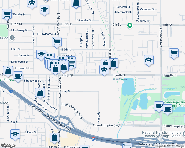 map of restaurants, bars, coffee shops, grocery stores, and more near 2100 East 4th Street in Ontario