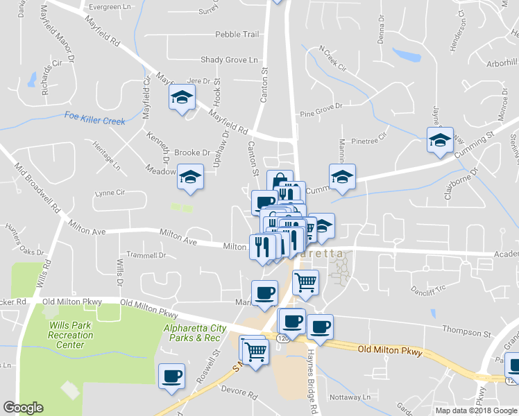 map of restaurants, bars, coffee shops, grocery stores, and more near 310 Rose Garden Lane in Alpharetta