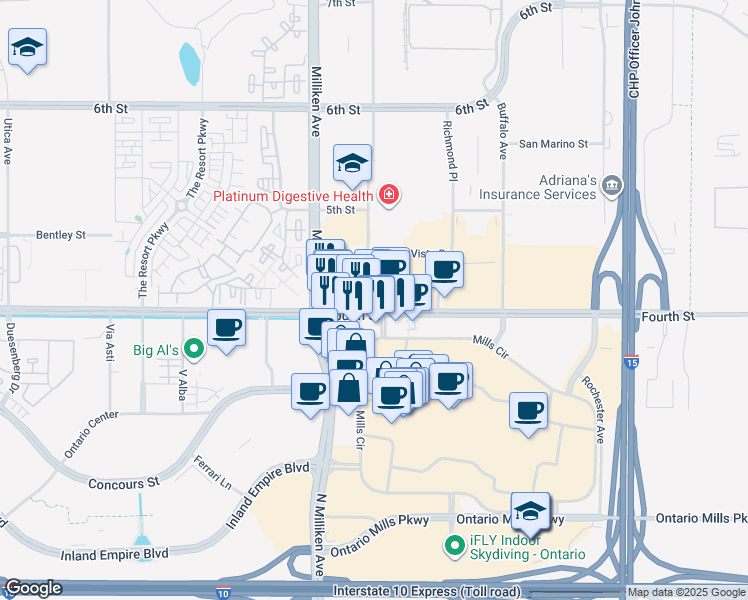 map of restaurants, bars, coffee shops, grocery stores, and more near 11400 East 4th Street in Rancho Cucamonga