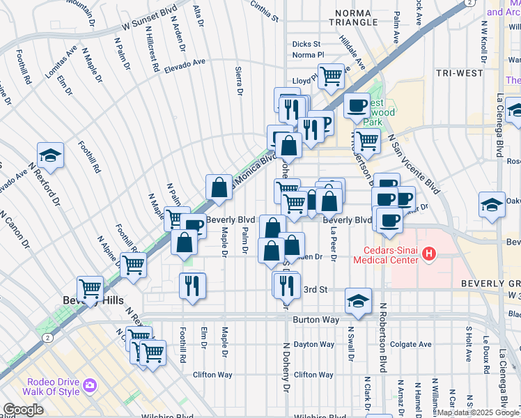 map of restaurants, bars, coffee shops, grocery stores, and more near 429 North Oakhurst Drive in Beverly Hills