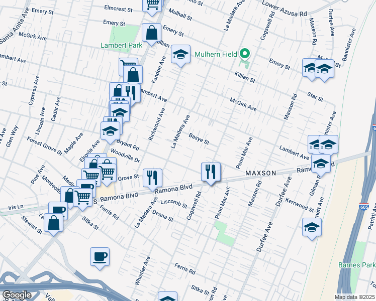 map of restaurants, bars, coffee shops, grocery stores, and more near 11834 Kerrwood Street in El Monte