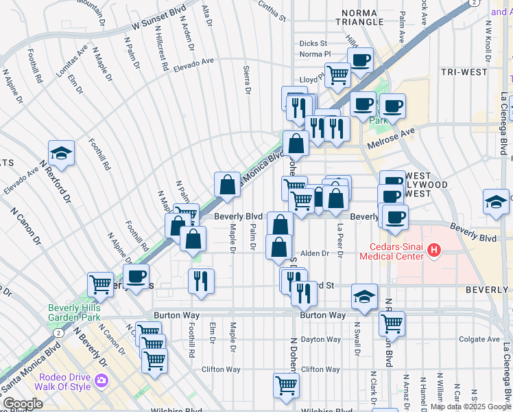 map of restaurants, bars, coffee shops, grocery stores, and more near 428 North Palm Drive in Beverly Hills