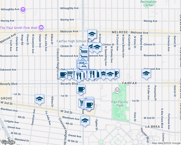map of restaurants, bars, coffee shops, grocery stores, and more near 331 1/2 North Orange Grove Avenue in Los Angeles