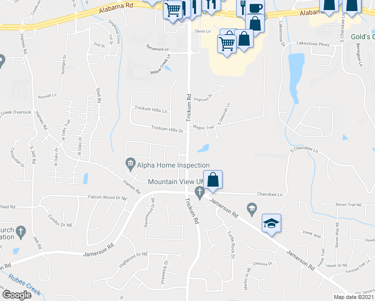 map of restaurants, bars, coffee shops, grocery stores, and more near Trickum Road in Woodstock