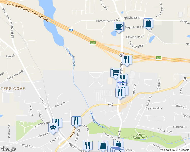 map of restaurants, bars, coffee shops, grocery stores, and more near 4808 Liberty Plaza in Acworth