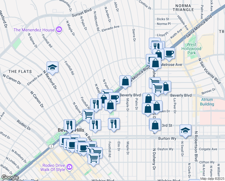 map of restaurants, bars, coffee shops, grocery stores, and more near 502 North Palm Drive in Beverly Hills