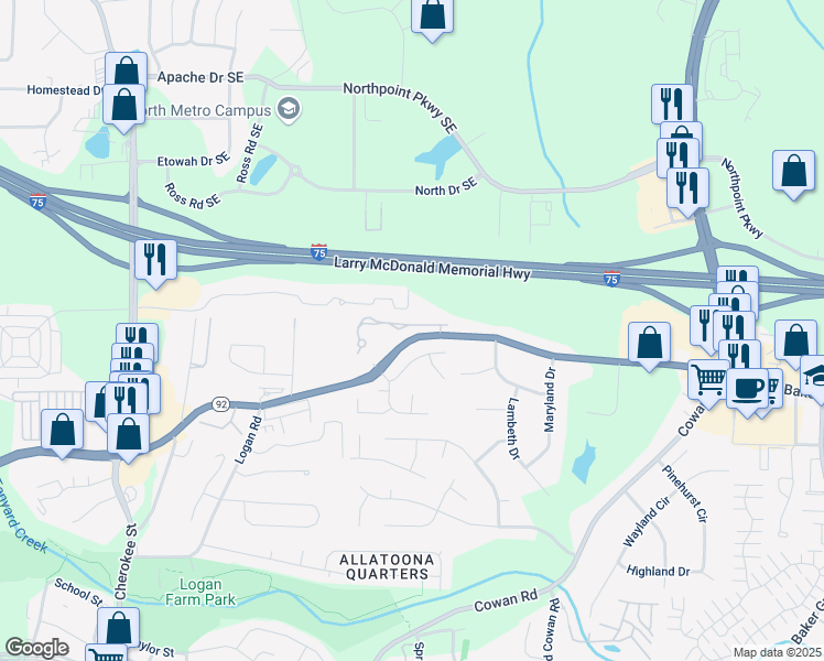 map of restaurants, bars, coffee shops, grocery stores, and more near 3918 Keystone Ridge in Acworth