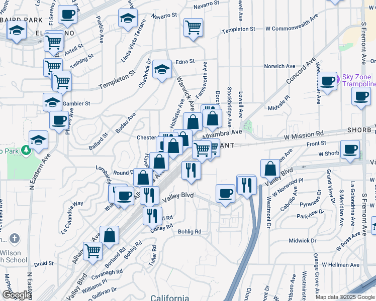 map of restaurants, bars, coffee shops, grocery stores, and more near 5420 Alhambra Avenue in Los Angeles