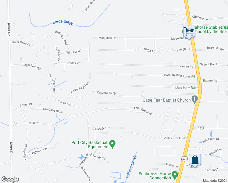 map of restaurants, bars, coffee shops, grocery stores, and more near 561 Catamaran Drive in Wilmington