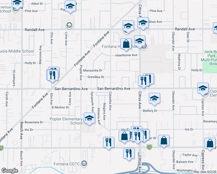 map of restaurants, bars, coffee shops, grocery stores, and more near 15856 Azalea Avenue in Fontana