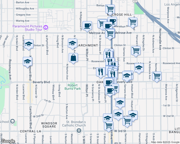 map of restaurants, bars, coffee shops, grocery stores, and more near 4847 Oakwood Avenue in Los Angeles