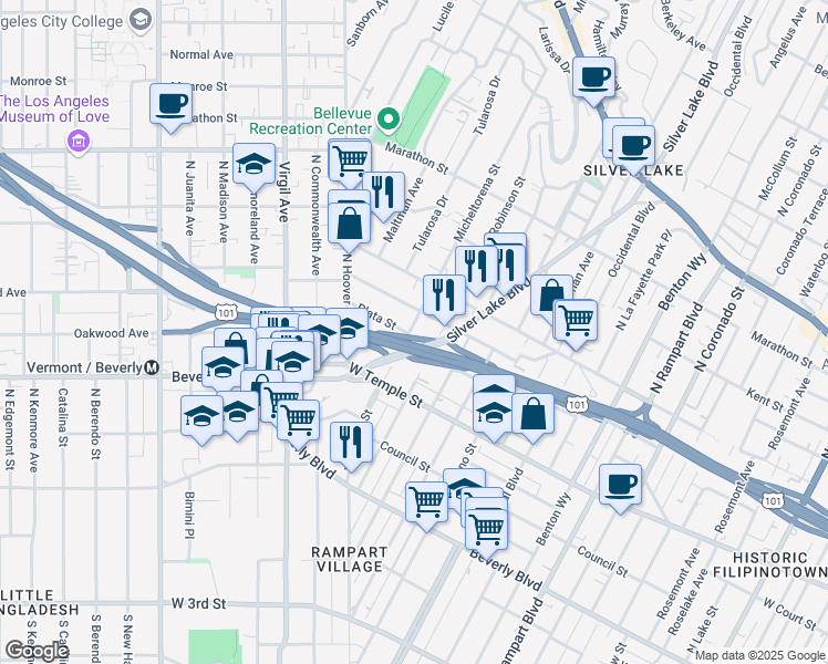 map of restaurants, bars, coffee shops, grocery stores, and more near 2 Micheltorena Street in Los Angeles