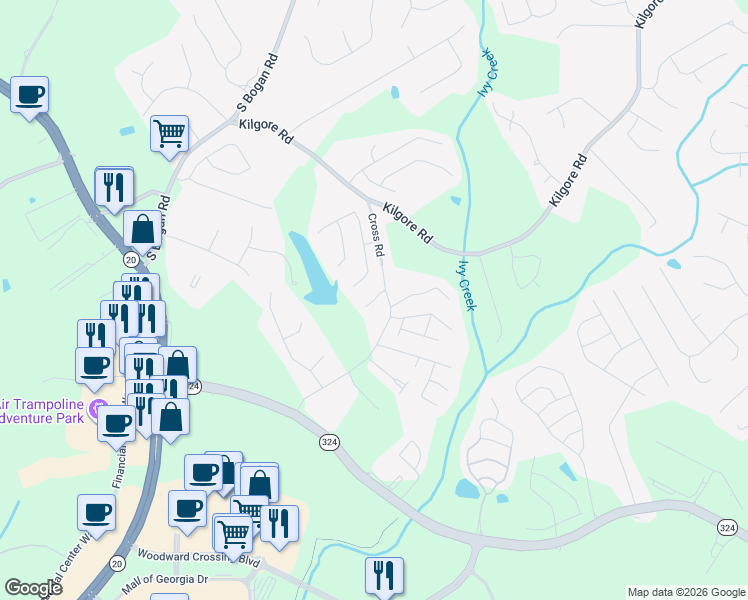 map of restaurants, bars, coffee shops, grocery stores, and more near Copper Ridge Trail Northeast in Buford