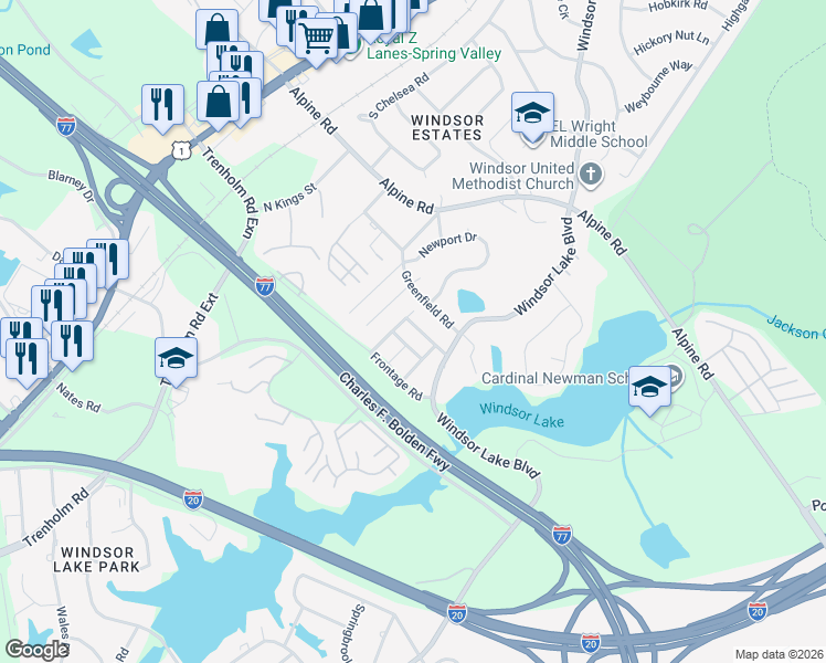 map of restaurants, bars, coffee shops, grocery stores, and more near 109 Baynard Court in Columbia