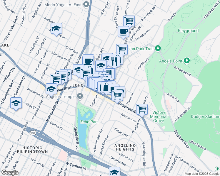 map of restaurants, bars, coffee shops, grocery stores, and more near Echo Park Ave & Montana St in Los Angeles