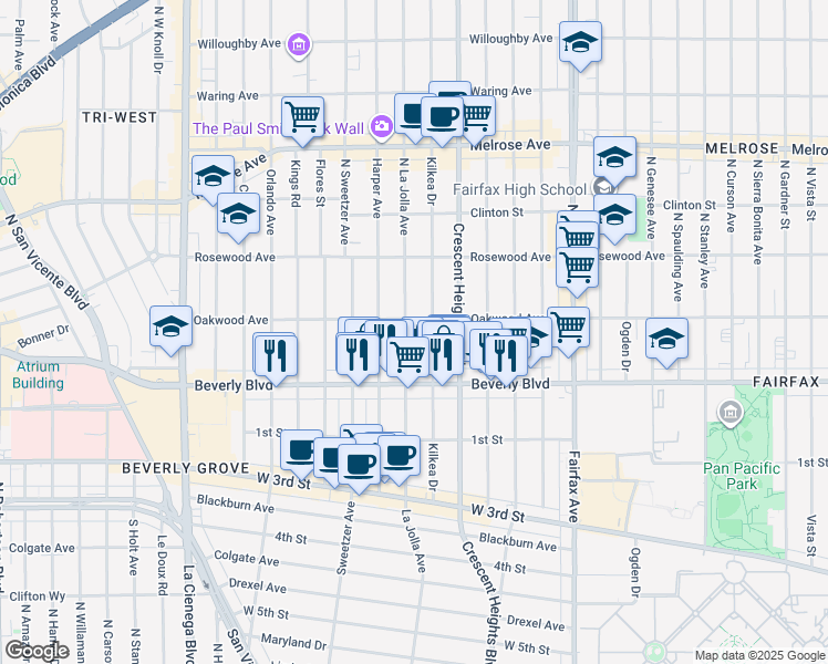 map of restaurants, bars, coffee shops, grocery stores, and more near 411 North La Jolla Avenue in Los Angeles