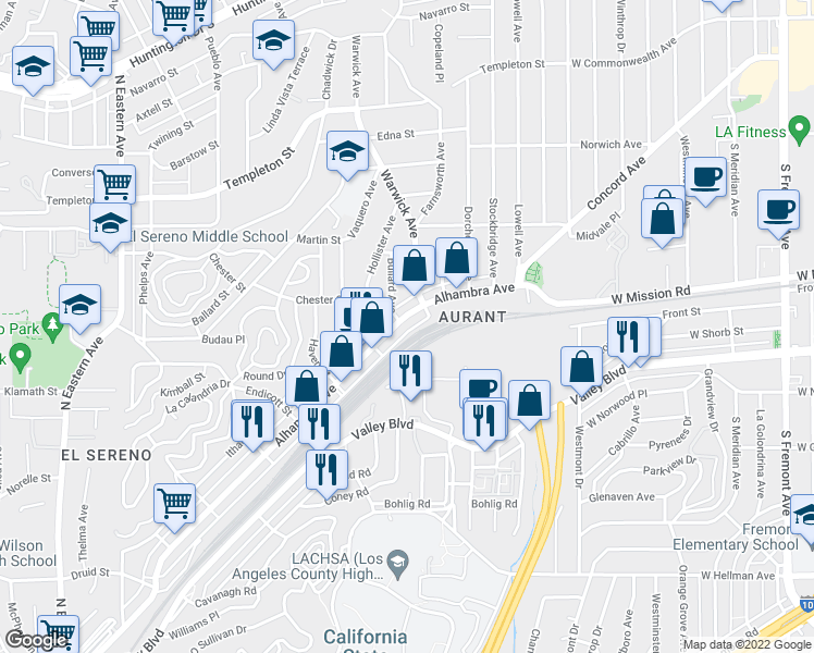map of restaurants, bars, coffee shops, grocery stores, and more near 5442 Alhambra Avenue in Los Angeles