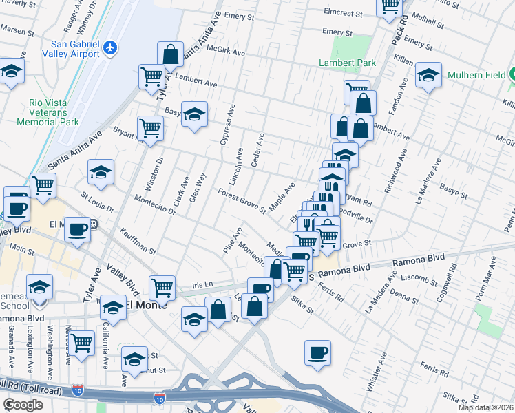 map of restaurants, bars, coffee shops, grocery stores, and more near Pine Avenue in El Monte