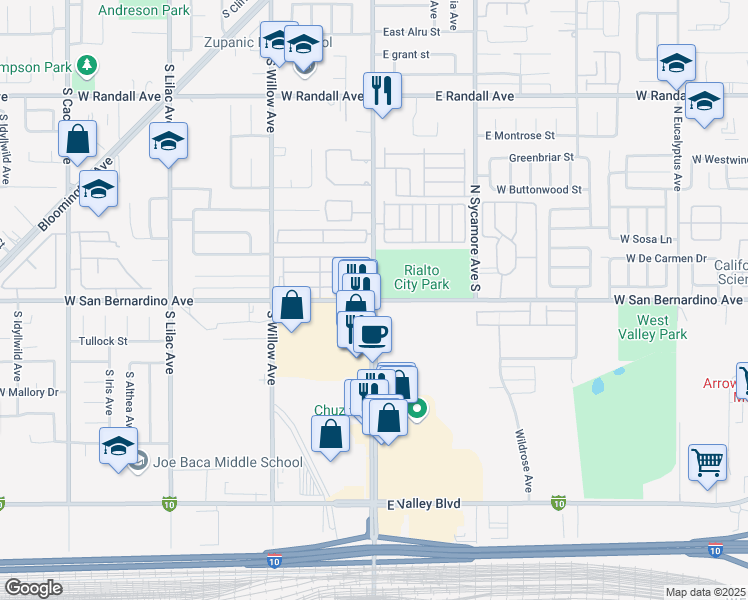 map of restaurants, bars, coffee shops, grocery stores, and more near South Riverside Avenue & West San Bernardino Avenue in Rialto