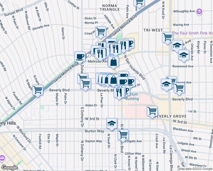 map of restaurants, bars, coffee shops, grocery stores, and more near 8890 Rosewood Avenue in West Hollywood