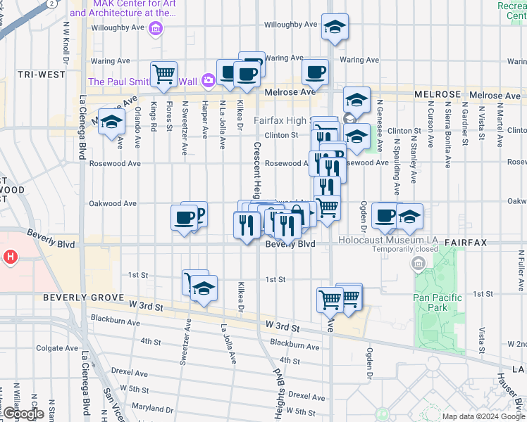 map of restaurants, bars, coffee shops, grocery stores, and more near 356 North Crescent Heights Boulevard in Los Angeles