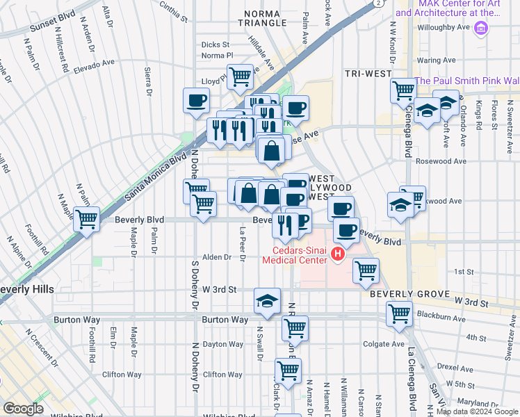 map of restaurants, bars, coffee shops, grocery stores, and more near 8890 Rosewood Avenue in West Hollywood