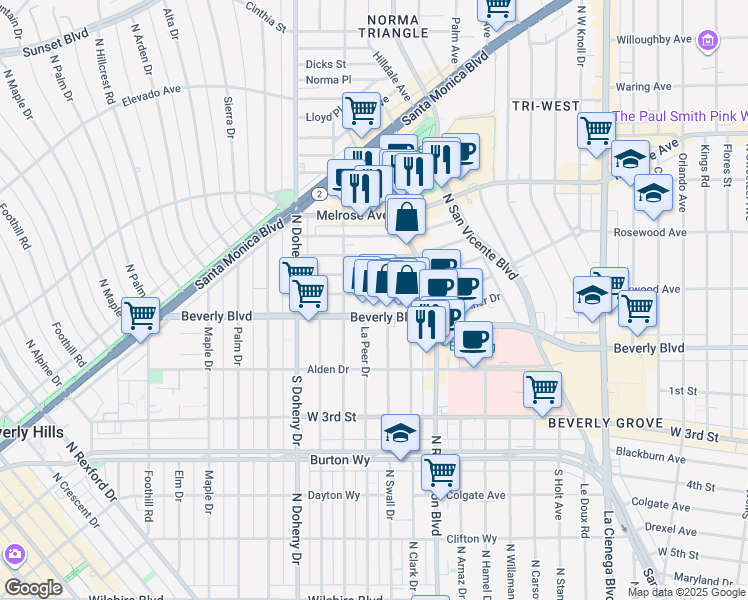 map of restaurants, bars, coffee shops, grocery stores, and more near 8852 Ashcroft Avenue in West Hollywood