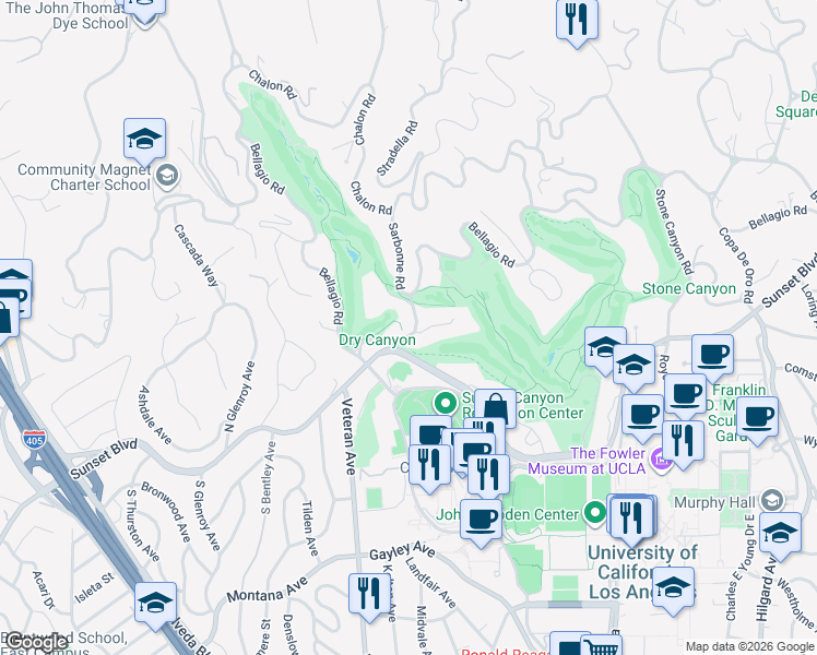 map of restaurants, bars, coffee shops, grocery stores, and more near 10807 Bellagio Road in Los Angeles