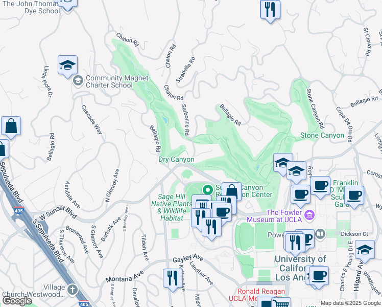 map of restaurants, bars, coffee shops, grocery stores, and more near 10835 Bellagio Road in Los Angeles