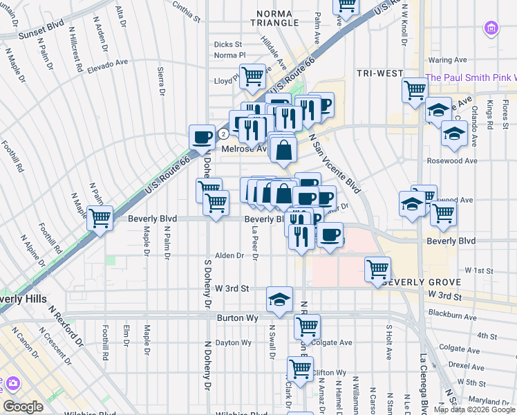 map of restaurants, bars, coffee shops, grocery stores, and more near 8900 Rosewood Avenue in West Hollywood