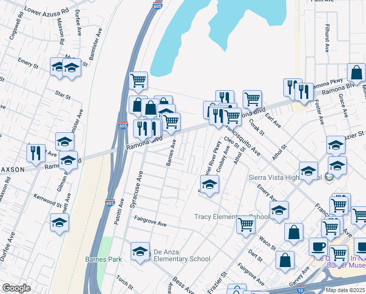 map of restaurants, bars, coffee shops, grocery stores, and more near 3678 Barnes Avenue in Baldwin Park