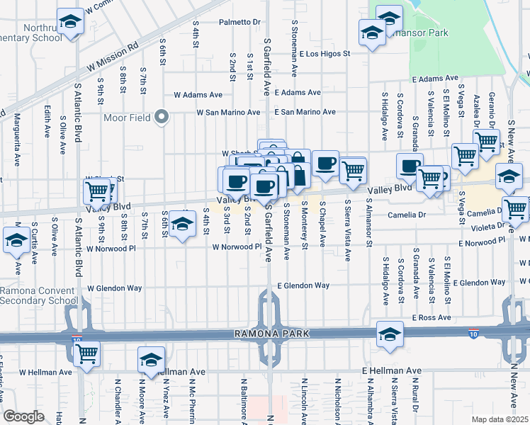 map of restaurants, bars, coffee shops, grocery stores, and more near 22 West Valley Boulevard in Alhambra