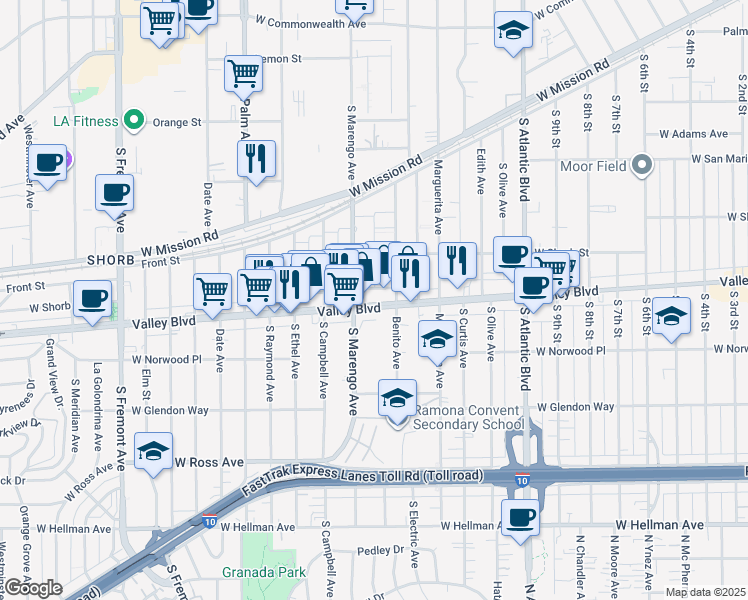 map of restaurants, bars, coffee shops, grocery stores, and more near 1645 West Valley Boulevard in Alhambra