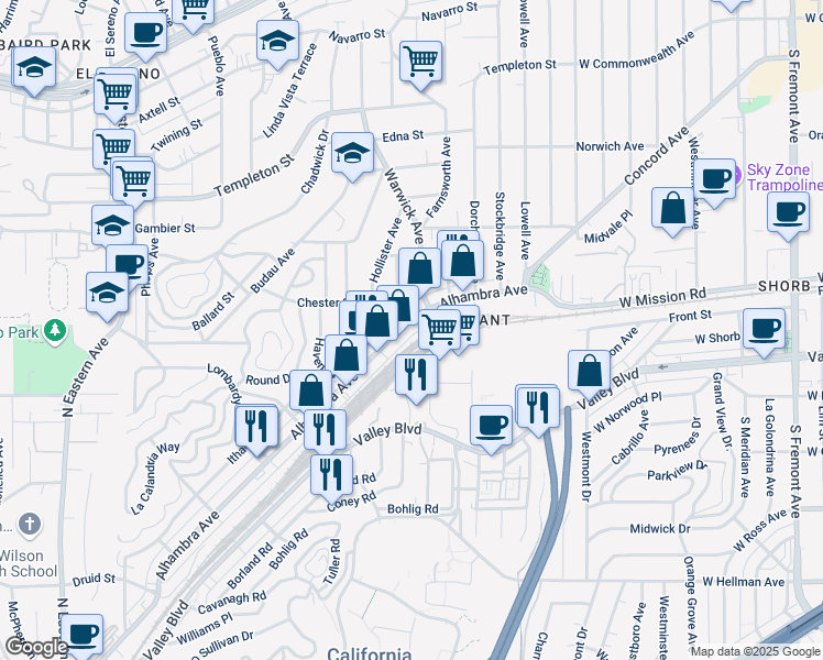 map of restaurants, bars, coffee shops, grocery stores, and more near 2822 Bullard Avenue in Los Angeles