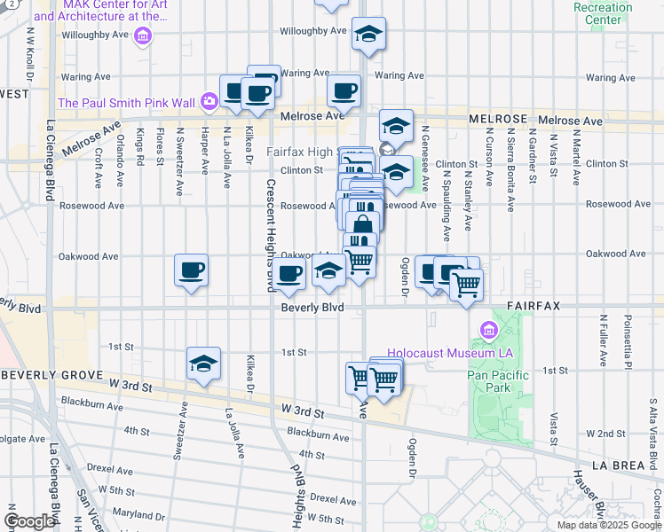 map of restaurants, bars, coffee shops, grocery stores, and more near 357 Hayworth Avenue in Los Angeles