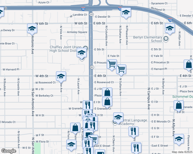 map of restaurants, bars, coffee shops, grocery stores, and more near 116 East 4th Street in Ontario
