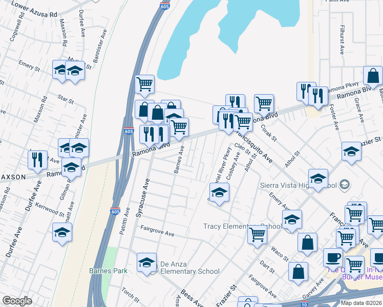 map of restaurants, bars, coffee shops, grocery stores, and more near 12828 Ramona Boulevard in Baldwin Park
