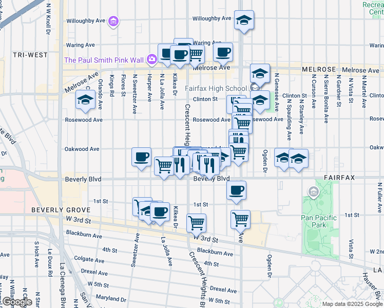 map of restaurants, bars, coffee shops, grocery stores, and more near 356 North Crescent Heights Boulevard in Los Angeles