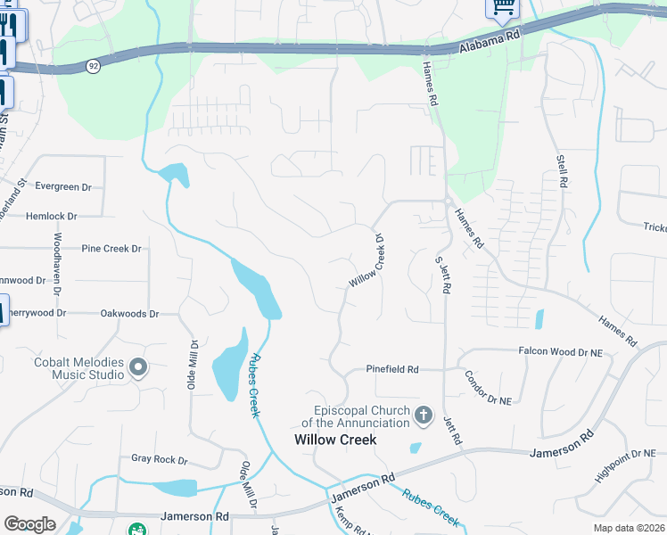 map of restaurants, bars, coffee shops, grocery stores, and more near 4967 Willow Creek Drive in Woodstock