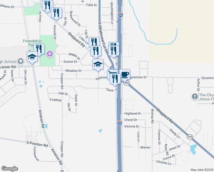 map of restaurants, bars, coffee shops, grocery stores, and more near 910 Sycamore Drive in Burkburnett