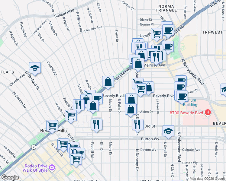 map of restaurants, bars, coffee shops, grocery stores, and more near 430 North Maple Drive in Beverly Hills