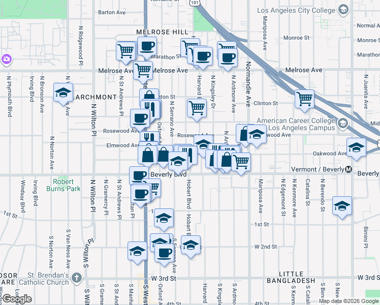 map of restaurants, bars, coffee shops, grocery stores, and more near 400 North Hobart Boulevard in Los Angeles
