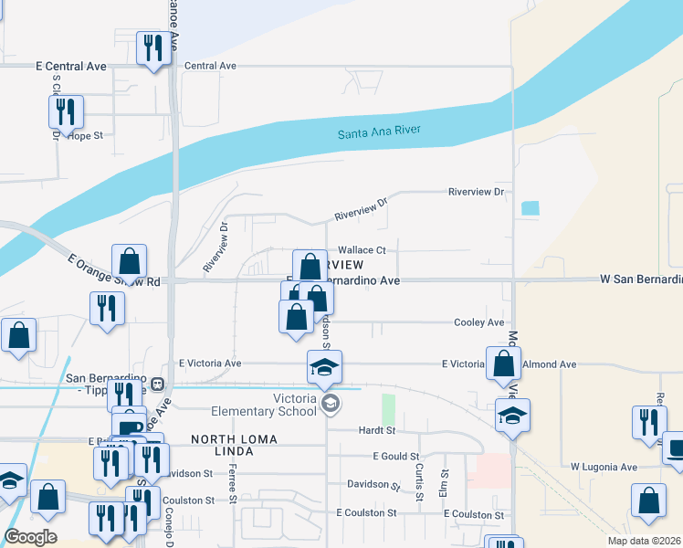 map of restaurants, bars, coffee shops, grocery stores, and more near 1634 East San Bernardino Avenue in San Bernardino