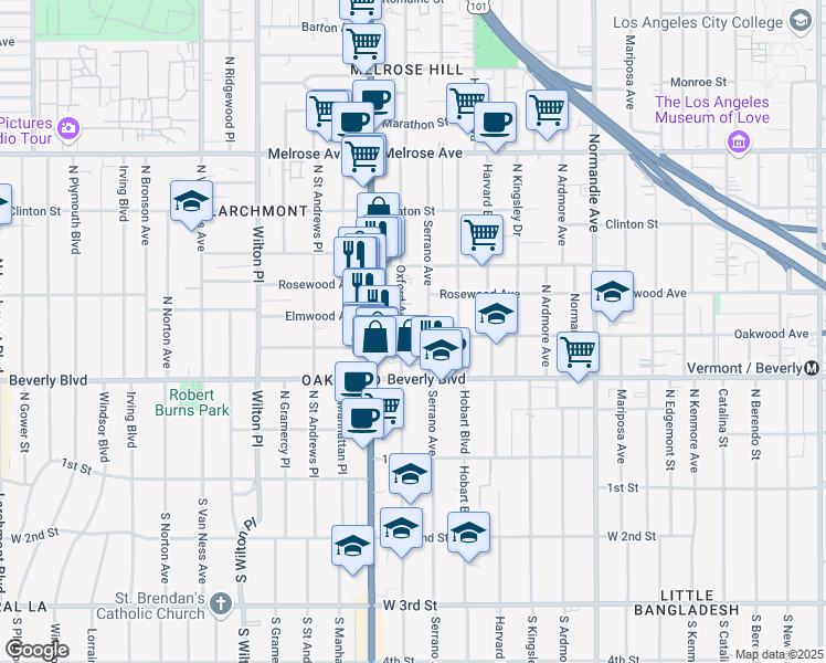 map of restaurants, bars, coffee shops, grocery stores, and more near 4621 Oakwood Avenue in Los Angeles