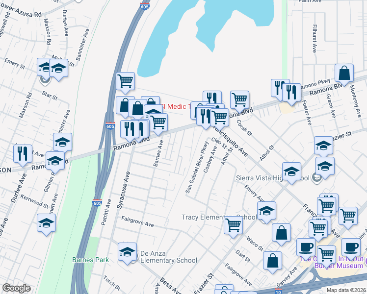 map of restaurants, bars, coffee shops, grocery stores, and more near 3709 Summer Lane in Baldwin Park
