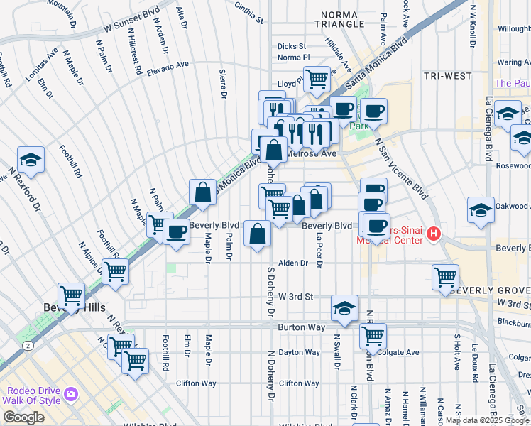 map of restaurants, bars, coffee shops, grocery stores, and more near 440 North Oakhurst Drive in Beverly Hills