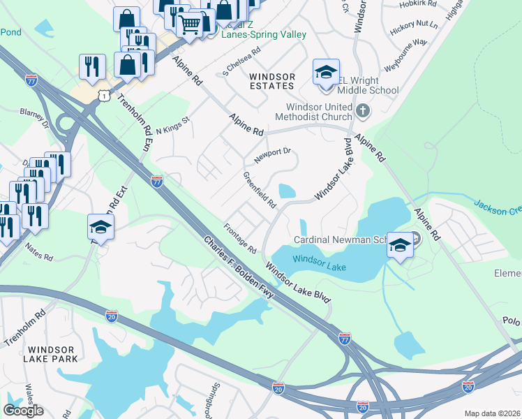 map of restaurants, bars, coffee shops, grocery stores, and more near 124 Greenfield Road in Columbia