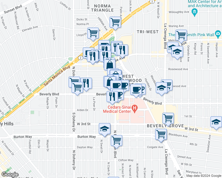 map of restaurants, bars, coffee shops, grocery stores, and more near 8814 Rosewood Avenue in West Hollywood