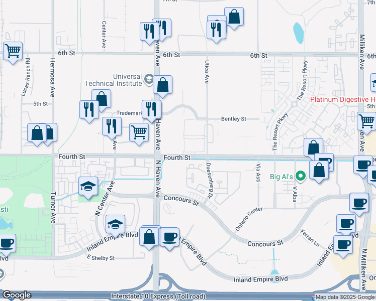 map of restaurants, bars, coffee shops, grocery stores, and more near 10650 East 4th Street in Rancho Cucamonga